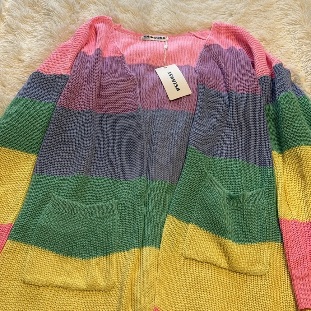 ECOWISH Rainbow 🌈 Block Striped Draped Open Front Cardigan L NWT - Picture 8 of 16